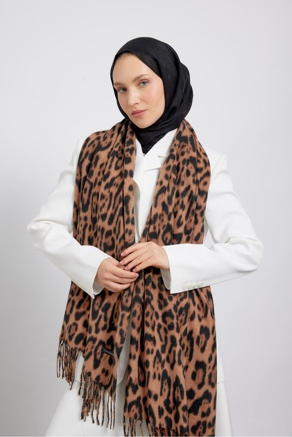 Leopar Desen Omuz Şalı -Koyu Kahve
