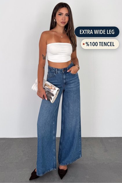 Kadın Açık Mavi Yıkamalı Extra Wide Leg Yüksek Bel %100 Tencel Jean Kot Pantolon ANGEL-2052