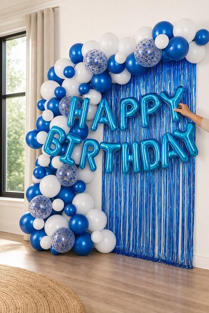 Set decorațiuni petrecere albastru cu baloane, litere Happy Birthday din folie și perdea, 73 bucăți