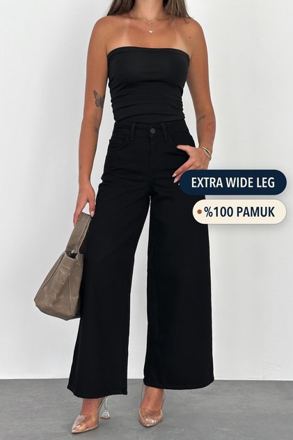 Women's Black Washed Extra Wide Leg High Waist 100% Cotton Jean Denim Trousers Angel-2066