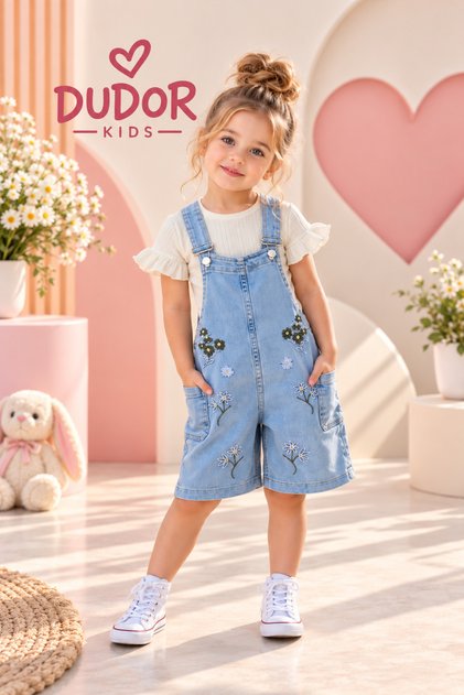 Girl's Floral Embroidered Jeans Salopet and Ecru T-Shirt Set