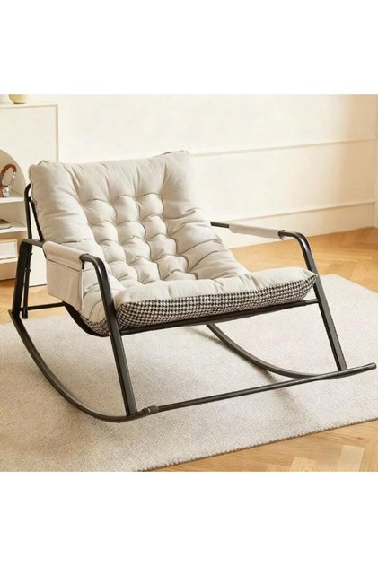 Metal Frame Rocking Chair, Comfy Tufted Padded Recliner Rocker with Side Pocket, Edge Cushion, Indoor Outdoor Lounge Chair for Living Room Bedroom Balcony