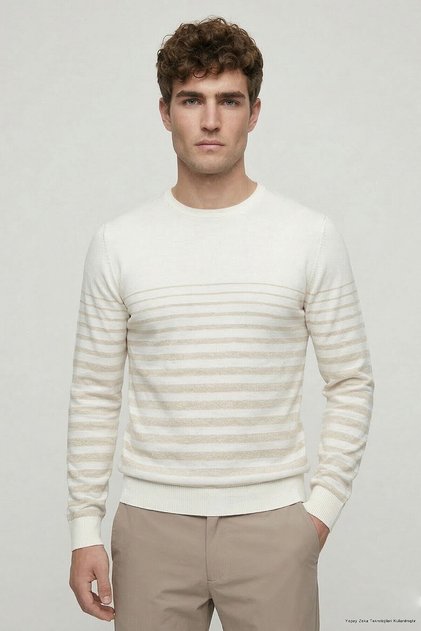 Cucino Ecru - Beige 100% Cotton Striped Crew Neck Sweater