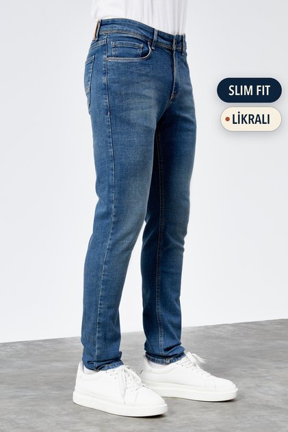 Hellblaue, schmal geschnittene Lycra-Jeans für Herren mit Stonewash-Effekt HLTHE001943-A
