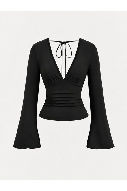 Black Deep V-Neck Tie-Detail Spanish-Sleeve Blouse, Black Spanish-Sleeve Blouse