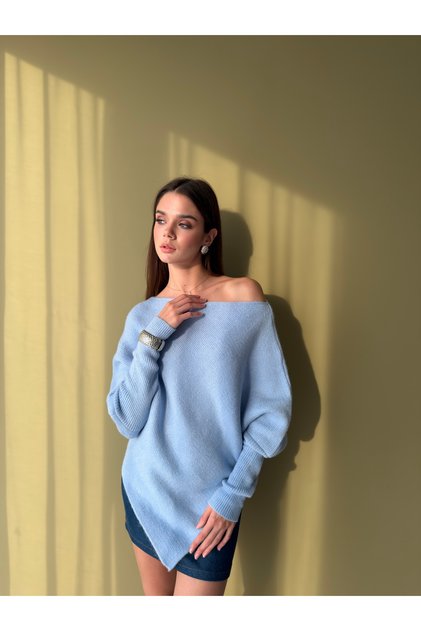 Asymmetrical Cut Boat Neck Ribbed Stylish Sweater