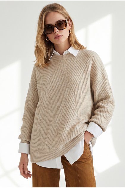 Women's Stone-Colored Crew Neck Zigzag Patterned Oversized Knit Sweater KZK-19001205