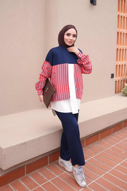 Navy Blue and Red Paneled Modal Set with Tunic and Pants