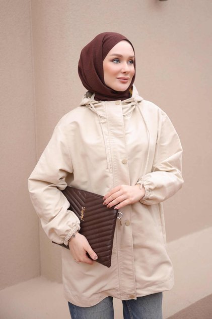Beige Hooded Zippered Trench Coat