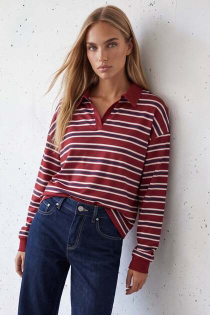 Women's red polo collar striped oversized sweatshirt alc-x16051