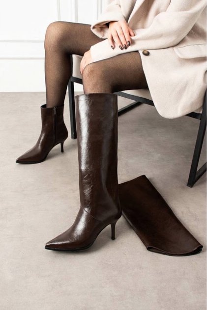 Women's Bitter Brown Leather Plain Pointed Toe Block Heel Boots