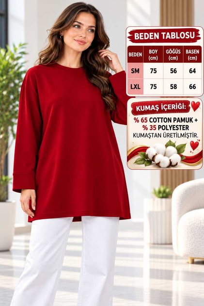 Tunic, Modest Tunic, Long-Sleeved Blouse, Soft-Textured, Simple, Basic Style, Red