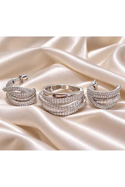 Women's Steel Ring and Earring Set with Zircon Stones