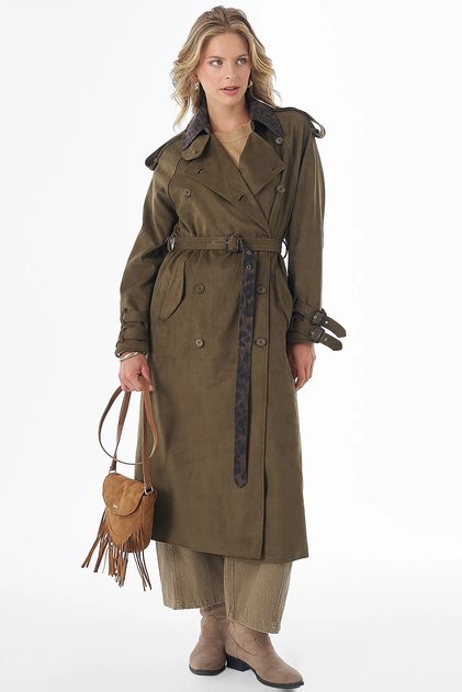 Khaki Suede Trench Coat with Collar Detail