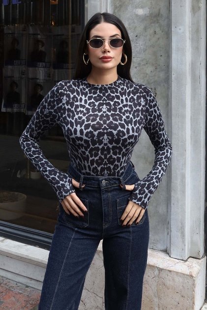 Sheer Fabric Leopard Pattern Sleeveless Blouse, Gray