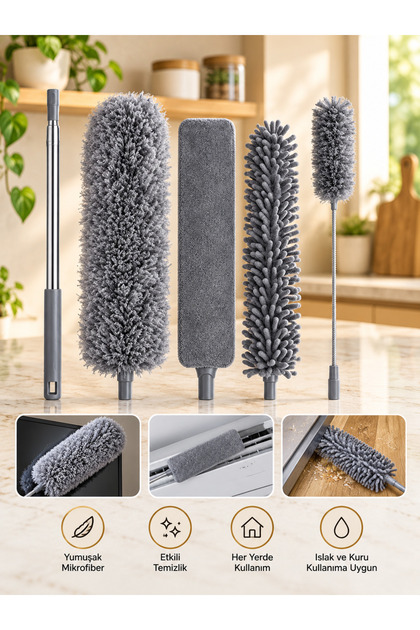 Mikrofiber Manyetik Anti-statik Bükülebilen Toz Alma 3 Lü Full Set Uzayabilen Saplı