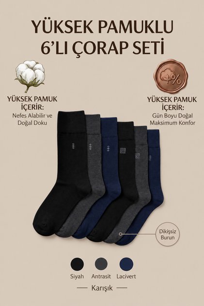 6'lı Erkek Çorap Yüksek Pamuklu Siyah Laci Füme 6 Çift