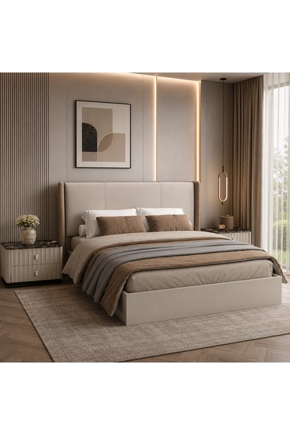 سرير من هاي بوينت بتصميم خشبي مع لمسة من القماش في ظهر السرير, 180*200سم, باللون البني