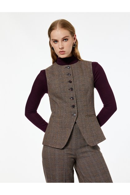 Slim Fit Crew Neck Buttoned Plaid Vest