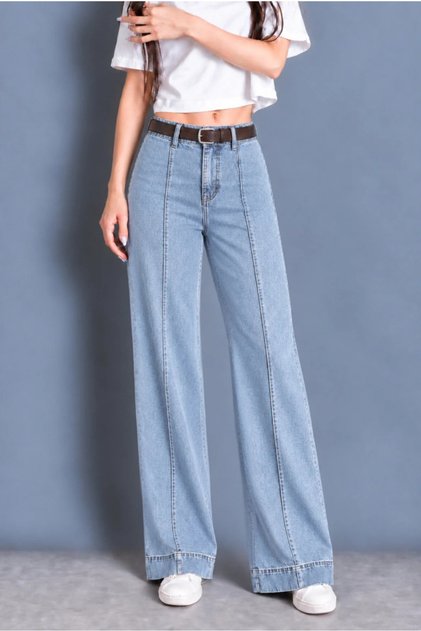 KADIN YÜKSEKBEL JEANS KEMERLİ ÖNÜ ÇIMALI GENİŞ PAÇA KOT PANTOLON