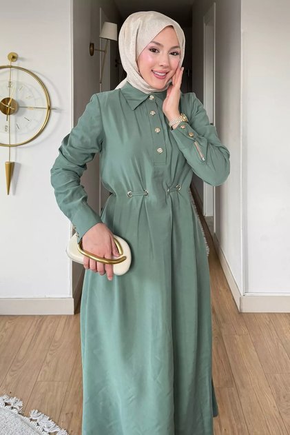 Polo Collar Gold Buttoned Eyelet Detailed Hijab Dress