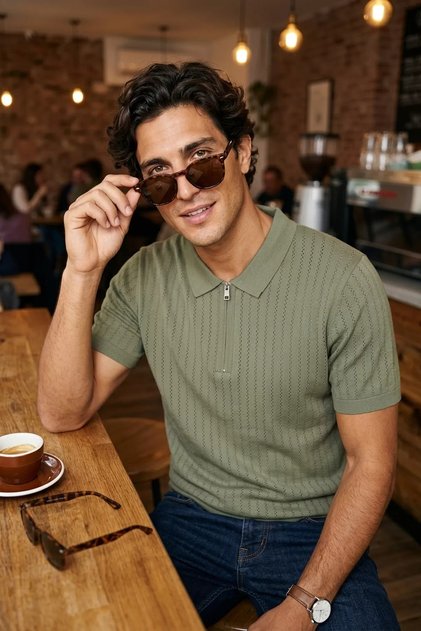 Polo Collar Half Zipper Men's Knitwear T-Shirt