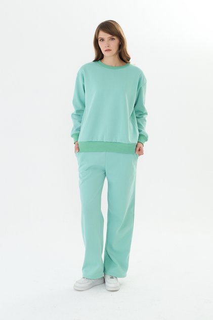 Women's Cotton Crew Neck Wide Leg Tracksuit Set Mint-101