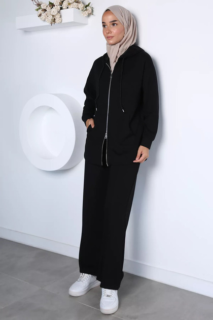 Stylish Energy Zippered Sweat Pants Hijab Double Set