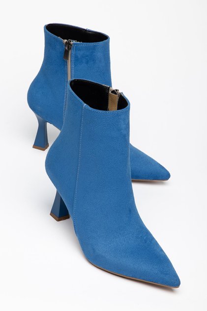 Evera Women's Blue Suede Thin Heeled Pointed Toe Boots