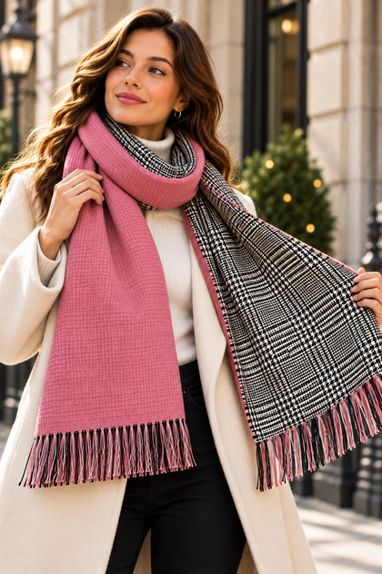 Florence - Reversible Women's Shoulder Shawl with Tassels, Reversible Powder Pink and Black-and-White Plaid Pattern, Winter Scarf - 75 x 180 cm