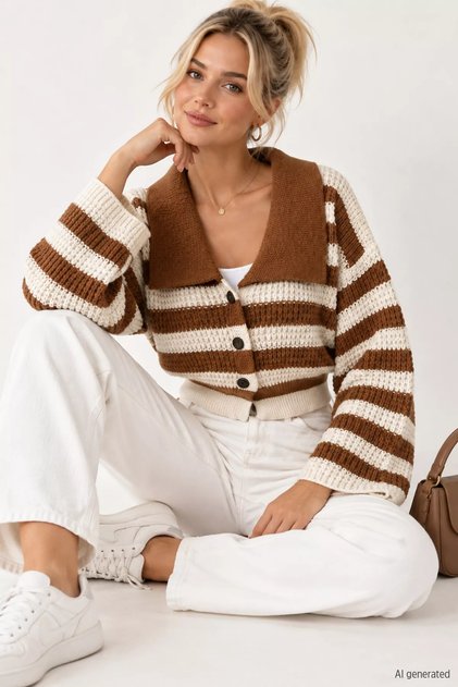 Women's Front Buttoned Color Stripe Spanish Sleeve Knitted Sweater Cardigan