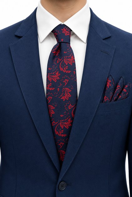 Set batiste cravată cu model albastru bleumarin roșu