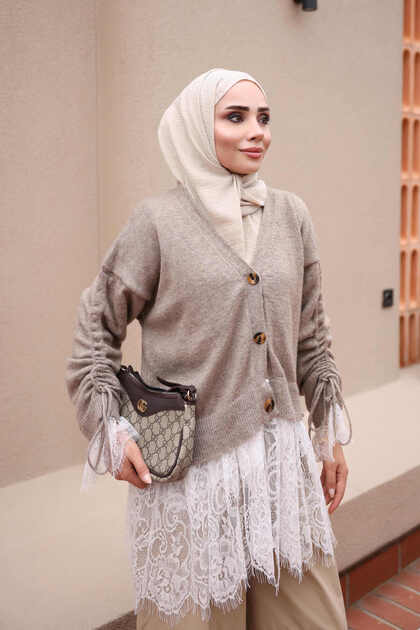 Taupe Color Skirt and Sleeve, Lace-Trimmed Ruched Knit Cardigan