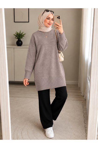 Mink Crew Neck Oversized Women's Knitwear Tunic