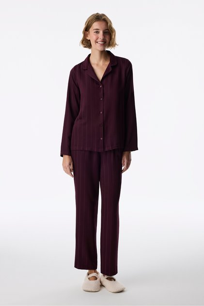 Burgundy Maroon Satin Striped Long Sleeve Buttoned Shirt Pants Pajama Set