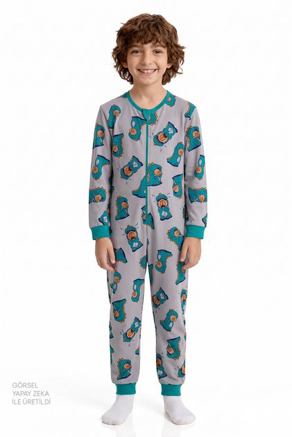 Boy's Gray Dino Power Cotton Long Sleeve Jumpsuit