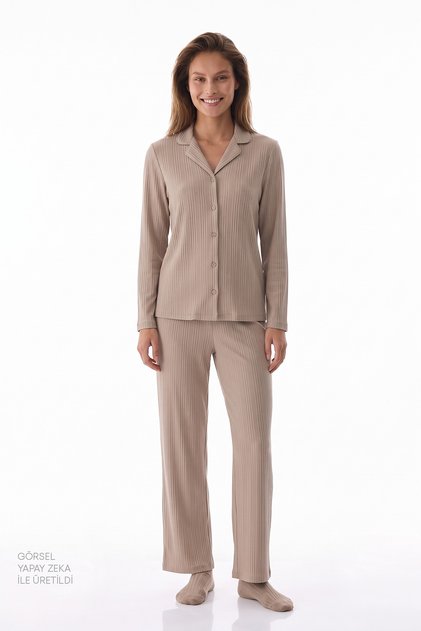 Beige Sadie Corduroy Long Sleeve Buttoned Shirt Pants Pajama Set