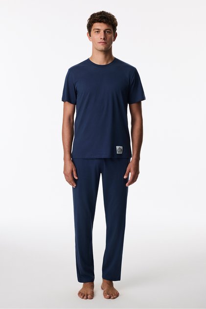 Men's Navy Blue Midnight Forest Trousers Short Sleeve Pajama Set