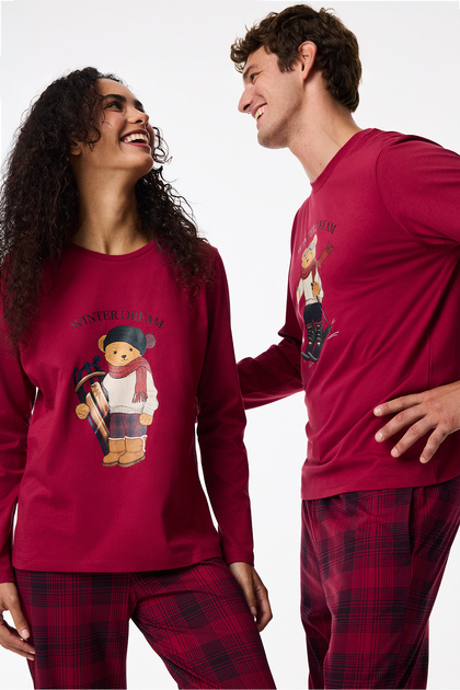 Bordo Winter Dream Bear Patterned Cotton Long Sleeve Trousers Pajama Set