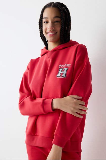 Kırmızı Harry Potter Baskılı Şardonlu Kapüşonlu Sweatshirt
