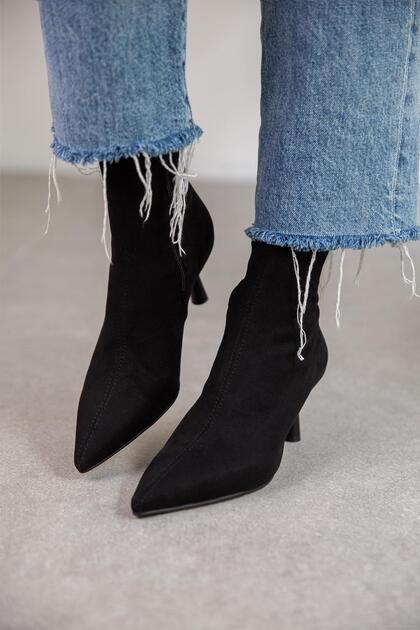 Black Suede Stretch Boots Thin Stiletto Heel Side Zipper Pointed Toe Women's Boots