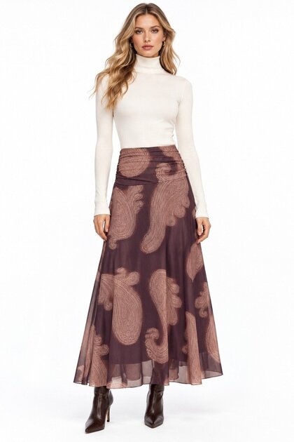 Brown Shawl Patterned Waist Draped Flowy Skirt - Lined