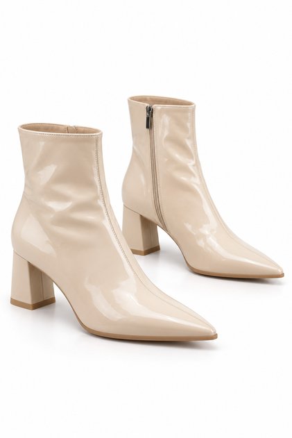 Women's New Season Patent Leather Pointed Toe Vittoriá Beige Heeled Zippered Boots
