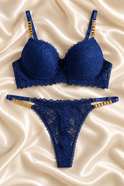 Women's Blue Lace Chain Detailed Underwire Padded Padded Bra Set Underwear Set