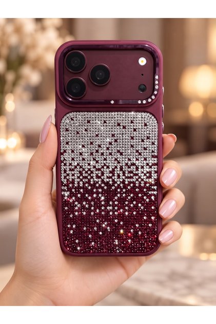 Burgundy-colored, stone-embellished premium phone case compatible with iphone 18 pro max – featuring side button details.