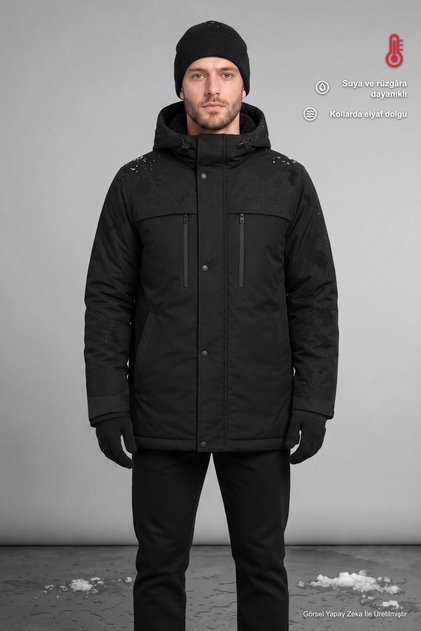 Men's Black Fleece-Lined Water and Windproof Hooded Winter Jacket & Coat & Parka