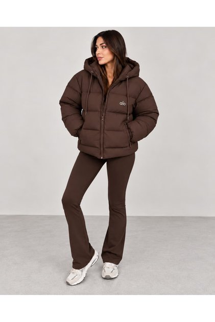Women's Yoga Brown Hooded Puffer Coat with Zippered Pockets