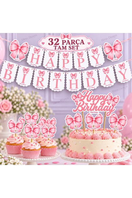 32 Piece Full Set Pink Bow Ribbon Birthday Decoration Set Banner+ Cake Picks+ Cupcake Decoration Set