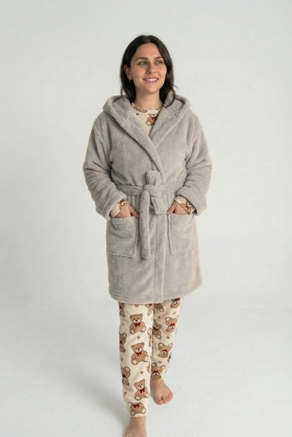 Hooded Wellsoft Dressing Gown & Plush Bathrobe - Soft, Fleece Unisex Dressing Gown-Grey