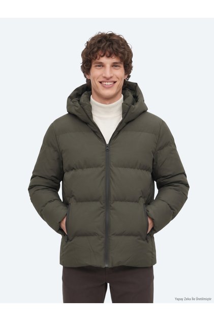 Khaki Regular Fit Hooded Woven Coat